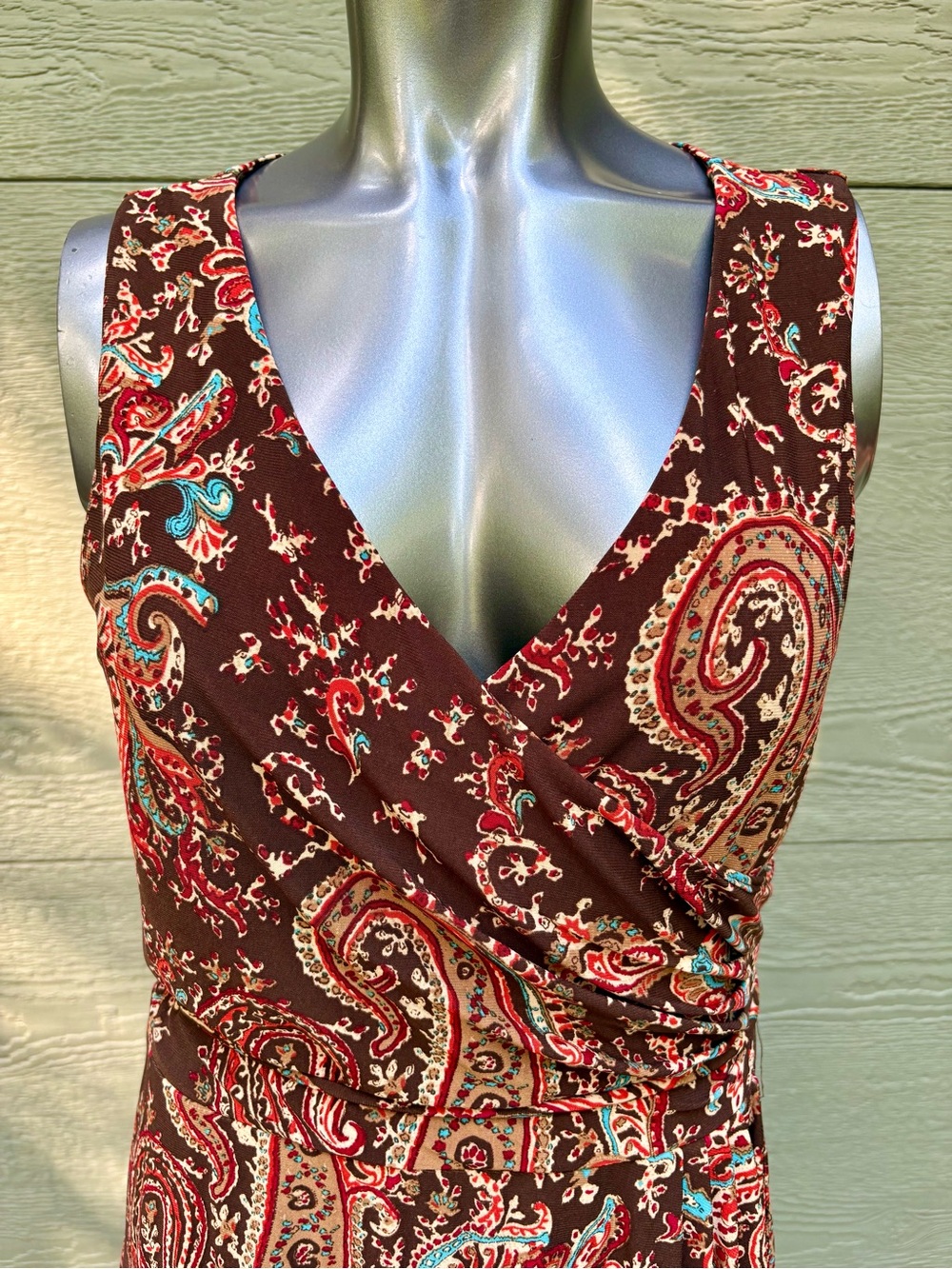Lauren Ralph Lauren Brown Paisley Wrap Midi Dress with Red & Teal Accents - Picture 3 of 7